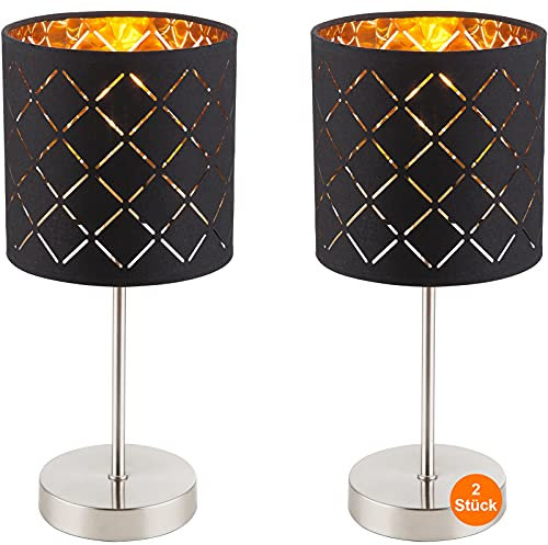 Nachttischlampe 2er Set Schwarz Metall - Tischlampe Wohnzimmer Modern - Lampenschirm E14 Stoff Rund - Lampe Schlafzimmer Nachttisch Gold Licht - Dekolampen Innen Fensterbank - 35 cm