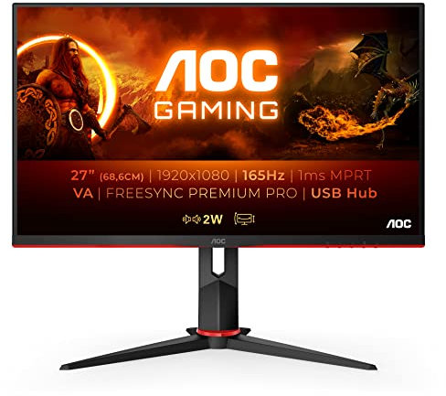 AOC Monitor Gaming 27G2SU- 27 Full HD, 165Hz, 4ms, VA, FreeSync Premium, FlickerFree, Low Blue Light , Ajustable en altura (1920x1080, 350cd/m, HDMI 2x1.4, Displayport 1x1.2)