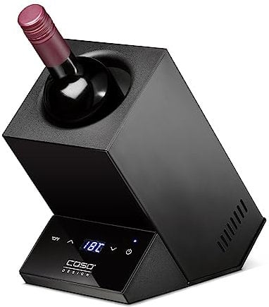 CASO WineCase One Black - Raffreddatore di vino di design per una bottiglia, gamma di temperature da 5 a 18 °C, per bottiglie fino a 9 cm di diametro, funzionamento con sensore touch, alloggiamento in