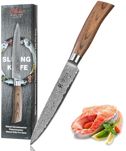 Wakoli EDIB Pro Damast Fleischmesser – 17 cm Klinge aus 67 Lagen Damaststahl mit VG10-Kern, ergonomischer Pakkaholzgriff, Tranchiermesser für Fleisch und Braten, Geschenkbox