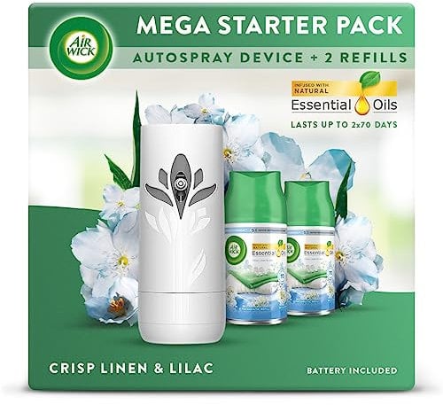 Air Wick Automatic Air Freshener Freshmatic Spray Bundle Kit, Cirsp Linen & Lilac, 1 gadget & 2 Refills (250ml), Natural Essential Oils, Last up to 140 days, Air freshener