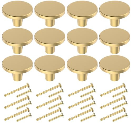 BIGLUFU Runden Schrankknöpfe, 12 Stück Goldene Möbelknöpfe, Messing Schrankgriffe mit Schrauben Vintage Metall Schubladenknöpfe für Ikea Schränken, Kleiderschrank, Kommoden, schubladen