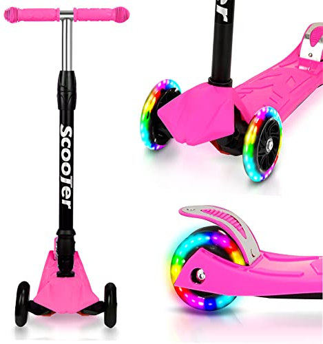 Tubiaz Kinderroller, Dreiradscooter mit LED Leuchtenden Räder, Höhenverstellbarer Kinderscooter, Hinterbremsen, Anti-Rutsch-Pedal, Maximale 50 KG, für Kinder Roller ab 3-14 Jahre, Rosa