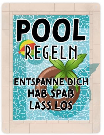 Poolregeln für Poolbesitzer Metallschild XXL in 28x38 cm mit Schwimmring witzige Regeln für den Swimmingpool Geschenk für Poolbesitzer Blechschild mit Sommermotiv