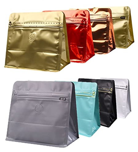 Coffee Bags with Valve, 10 Pack High Barrier Aluminum Foil Flat Bottom Standing Empty Coffee Beans Storage Bag, Reusable Heat Sealable Side Zipper Pouches, Mylar Bags for Coffee Beans/Pet Food