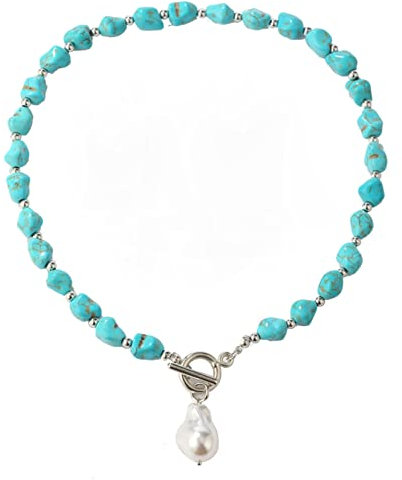 HMOOY Türkis Halskette, Vintage Böhmische Türkis Perlen Halskette Verstellbare Lange Türkis Tropfen Anhänger Halskette Western Ethnische Boho Schmuck für Damen Mädchen (Perle)