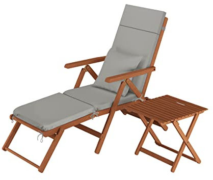 Erst-Holz Deckchair, Balkonstuhl, Klassische und robuste Balkonliege mit Tisch wählbarem Zubehör V-10-200TPolster grau + Kissen