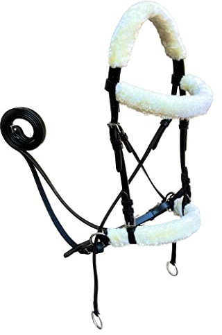 Crossunder gebisslose Pferde-Trensenzaum aus echtem englischen Leder, hochdichte, superweiche Kunststoff-Fleece, Kopfstütze mit Zügeln, (Cob, geöltes Schwarz)