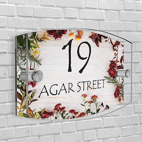 House Sign Plaque Personalised Door Number Street Glasss Effect Acrylic I House signs personalised door number plaque for wall outside I Arc-Rectangle Shape (Design 24)