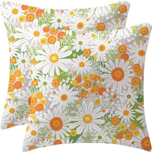 Daisy 70er Jahre Blume Kissenbezüge 45,7 x 45,7 cm Set mit 2 niedlichen orangefarbenen Blumendekor Ästhetische Retro Blüte Blume Wurfkissen Blätter Outdoor Bauernhaus dekoratives Kissen für Couch Bett