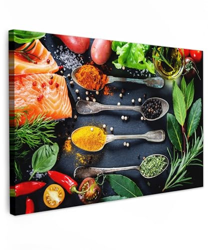 MuchoWow© Leinwand Bilder Groß 120x80 cm XXL Wanddeko Wohnzimmer Aesthetic Room Decor Deko Zimmer Wandbilder Modern Fotogeschenke Küchen - Kräuter - Löffel - Küche - Gewürze