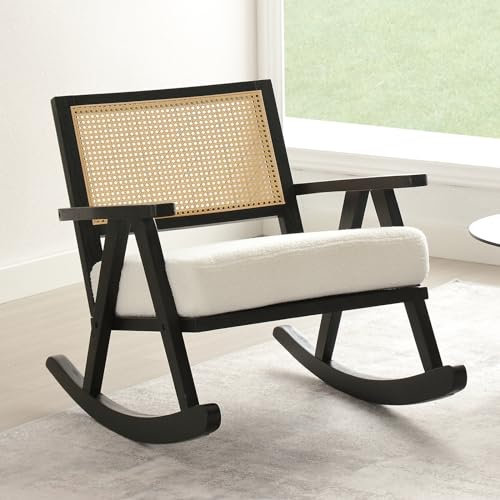 Wahson Schaukelstuhl Holz Schaukelsessel Rattan geflochtene Rückenlehne, Akzentstuhl Loungesessel mit Teddystoff für Kinderzimmer/Wohnzimmer,Schwarz