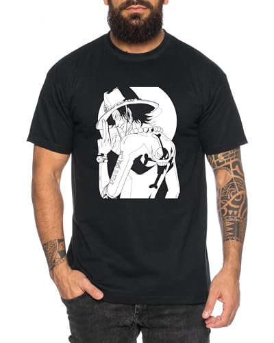 Ace Back - T-Shirt Homme Chapeau de Paille Luffy Zoro One Monkey D. Pirate Ace Piece Goku Anime Ruffy, Taille:S, Couleur:Noir