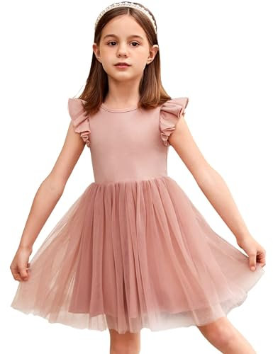 Arshiner Robe D'été pour Filles Robe en Tulle à Col Rond Manches Courtes en Coton pour Fête d'anniversaire Rose 3-4 Ans