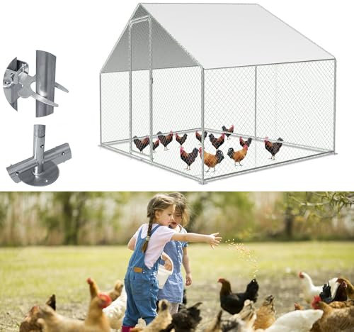 Fiqops Hühnerstall, 3x2x2m Hühnerhaus Freilaufgehege mit Sonnenschutzdach Wasserdichtes PE-Farbtuch, Verzinkter Stahl Kleintierstall Hühnerhaus Dach Geflügelstall Hühnerkäfig