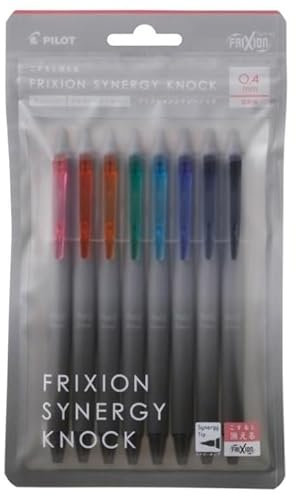 PILOT Frixion LFSK-14-8C Synergy Knock, einziehbare, radierbare Gelschreiber mit Synergy-Spitze, nachfüllbar, extra feine Spitze, 0,4 mm, 8 Stück