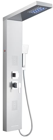 MENATT Shower Tower Panel System with LED Lights, Stainless Steels Shower Tower System with Rainfall Shower Head, 2-in-1 Body Jets,Handheld Showerhead,Bathtub Filler (Brushed Nickel)