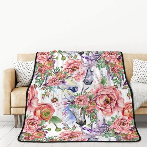 BEEOFICEPENG Decke, 60x80 Zoll doppelseitige Decke Reisedecke weiche Decke für Schlafsofa,Aquarell Pferd Rosen Blumen