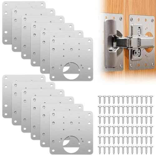Lot de 12 plaques de réparation de charnière en acier inoxydable pour plaque de charnière latérale, plaques de réparation de charnière d'armoire avec trou et 72 vis