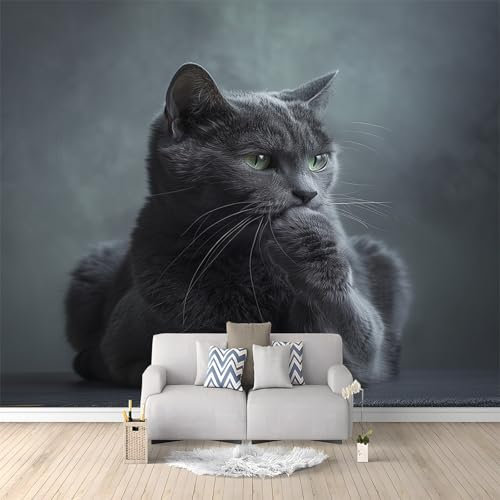 Papier Peint intissé Animal Chat Bleu Russe Gris 250x175 cm Papier Peint Photo Panoramique, Poster Geant Mural Personnalisé 3D, pour Salon Cuisines Chambre Adulte Enfant Décor Murale
