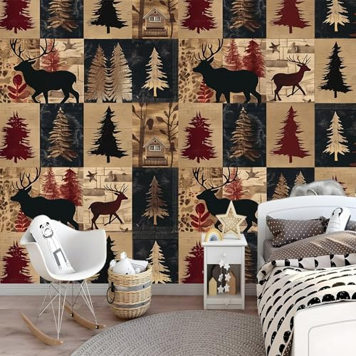 Papier Peint Intissé 350 x 256 cm - Panoramique Image Chalet de pin puzzle vintage Maison Chambre Déco Photo Jaune Murale Décorative Tenture Murale pour Appartement Décoration Salon