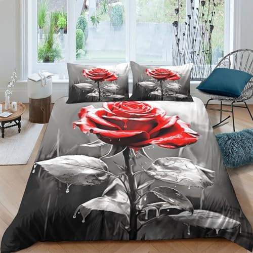 EUZZDHESP Pink Rose Duvet Cover Set 3 PCS Hotel Quality Quilt Cover Bedding Set Bed Covers with Pillowcases with Zipper Closure Ultra Soft Hypoallergenic Microfiber Double(200x200cm)
