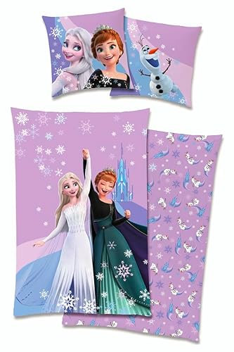 Disney Frozen - Die Eiskönigin Bettwäsche, Anna, ELSA 80x80cm + 135x200cm, 100% Baumwolle mit Reißverschluss