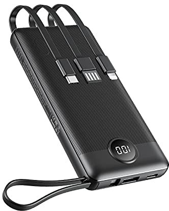 VEEKTOMX Power Bank with Built-in Cables, 10000mAh USB C Portable Charger, Battery Pack with 5 Outputs and LED Display, Travel Battery Bank for iPhone/iPad and Other Smart Devices, Black
