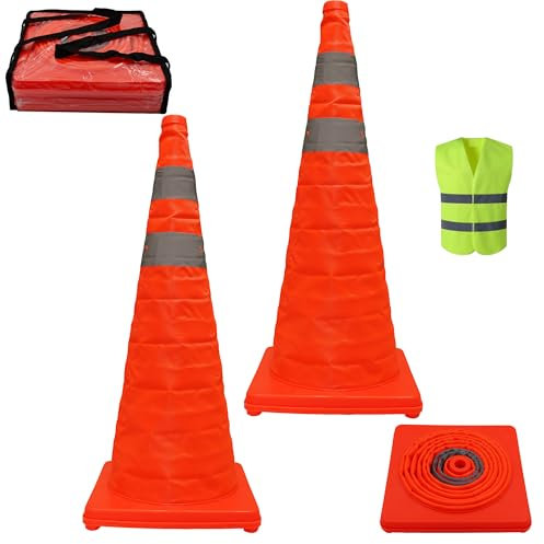 2-Pack 70cm/28 Faltbare Verkehrssicherheitskonen mit reflektierenden Streifen, grüne Sicherheitsweste inklusive