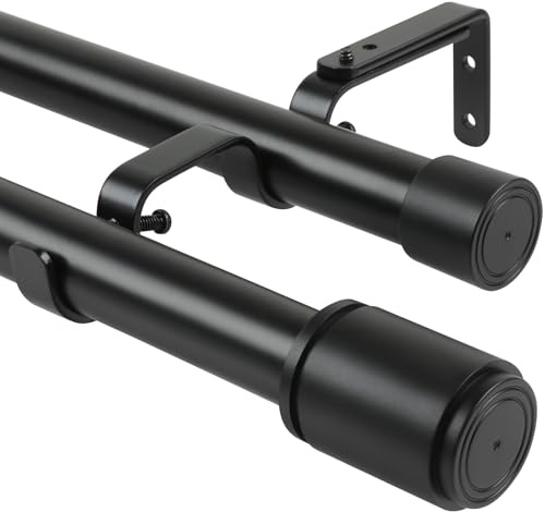 Anndason 1 Inch Double Curtain Rod 30 to 124 Inch Heavy Duty Double Curtain Rods for Windows Adjustable Telescoping Double Curtain Pole for Bedroom Kitchen Office Living Room (Black)