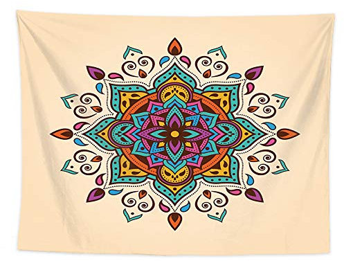 Wandteppich Beige Grüne Mandala Wandtuch Polyester Stoff Wand Deko Schlafzimmer Wohnzimmer Wandteppiche Waschbar Wandbehang Wiederverwendbar Wandtücher 150x100 cm