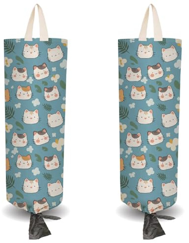 CRASPIRE 2 pz Porta Sacchetti di Plastica in Tessuto con Tema Gatto Blu 4 Ganci Adesivi Corda di Trazione per La Spesa Regolazione Gratuita Organizer Riutilizzabile Lavabile Montaggio A Parete
