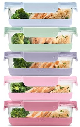 Ello Duraglass Refresh 3.4 Cup Meal Prep Containers, 10 Pc, Dusk Delight | Glass meal prep container set with silicone boots, airtight leakproof BPA-free lids, microwave, freezer & dishwasher safe