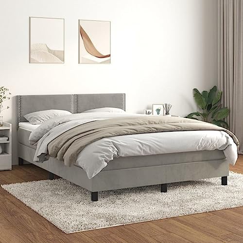 HUAKEHOM Boxspringbett mit Matratze Polsterbett Einzelbett Bett Hotelbett Bettgestell Bettrahmen Lattenrost Schlafzimmerbett Hellgrau 140x200 cm Samt