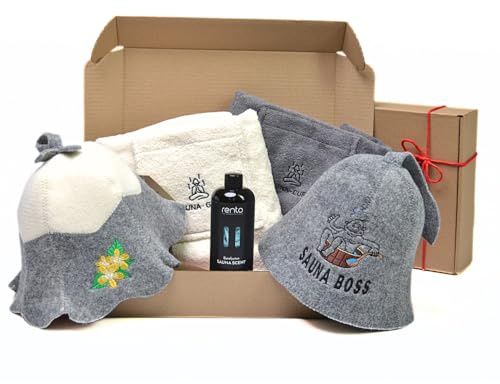 SAUNA GURU Sauna Geschenkset für Paare – 2 Sauna Kilt Handtücher aus 100% Baumwolle, 2 bestickte Saunahüte und Eukalyptus Sauna Aufguss – Natürliches Sauna Zubehör Set für Wellness, Entspannung & Ges
