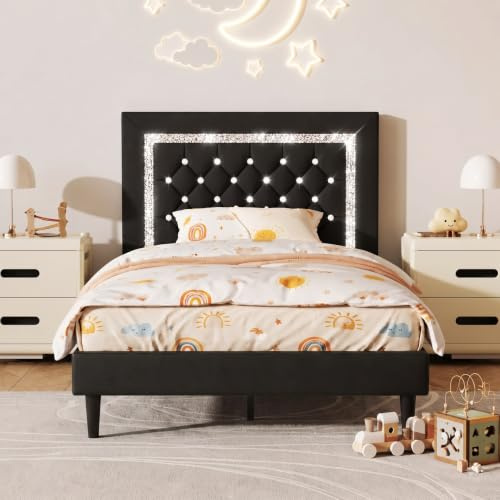 HOMBCK Polsterbett 90x200, Einzelbett 90x200cm mit Lattenrost, Schwarz | Höhenverstellbarem Diamant-Kopfteil Jugendbett, Ohne Matratze, Einfache Montage