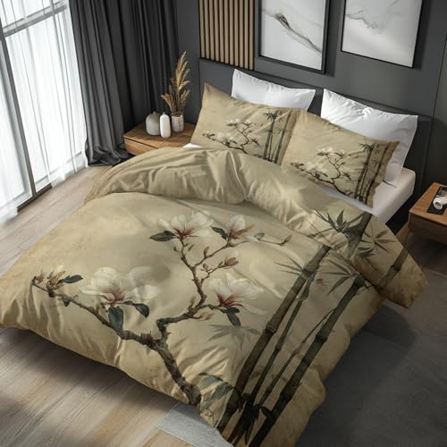 Generisch Bettwäsche 135x200 Bambus Magnolie Blumen, Weiche Bügelfreie Mikrofaser Bettbezug Set 2tlg, Japan Asiatisch Chinesische Muster Schlafzimmer Deko, 1 Kissenbezug 80x80, mit Reißverschluss