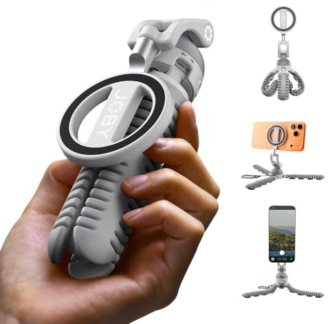 JOBY PodZilla™ Saug Handy Stativ, Magnetischer Selfie Stick starker Doppelmagnet, 360° Pan200° Tilt, Smartphone Grip, Oktopus Tripod Kompatibel mit iPhone 17 16 15 14 13 12 MagSafe, Grau