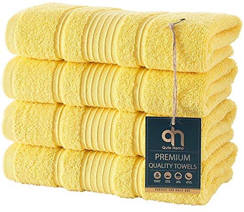 Qute Home 4 PACK Hand Towels Set | Premium Quality Luxury Turkish Cotton Absorbent AND Super Soft - YELLOW