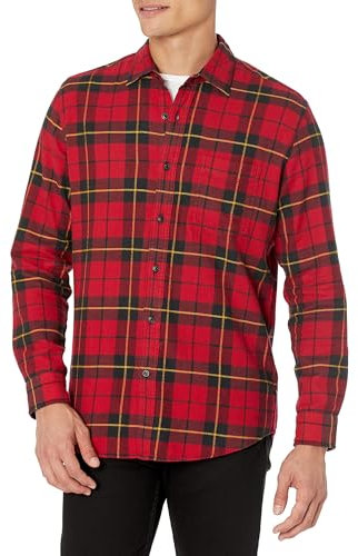 Amazon Essentials Herren Langarmhemd aus Flanell (in Übergröße erhältlich), Schwarz Rot Gelb Großes Karo, M