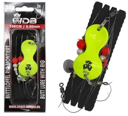 Wild Devil Baits Buttlöffel Rig UV Butt Lure with Rig Butt Löffel Vorfach montiert Plattfisch Meeresvorfach Brandungsvorfach (80g, UV Yellow)