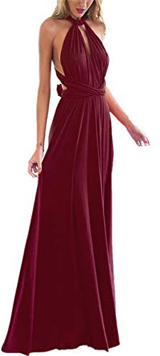 Damen Elegant Brautjungfernkleid Multiway V-Ausschnitt Rückenfrei Partykleid Ärmellos Schulterfrei Bodenlang Cocktailkleid Sommerkleid Formal Festlich Abendkleid Abschlussball Ballkleid Weinrot M