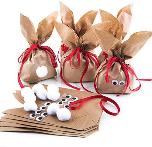 Logbuch-Verlag 10 Ostertüten mit Hasenohren - Osterhase Osternest zum Befüllen - Papiertüte aus Kraftpapier mit roter Schleifer 19,5 x 29 cm