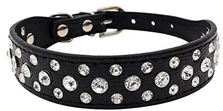 Smniao Hundehalsband Breit Leder Glänzendes Strass Design, Weiches Verstellbares Halskette Halsband für Kleine Mittlere Große Hunde (S, Schwarz)