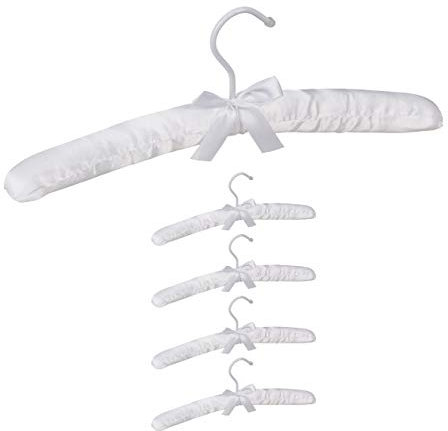 Relaxdays Kleiderbügel Satin, 5er Pack, weich gepolstert, 360° drehbarer Haken, dekorative Schleife, 38 cm breit, weiß