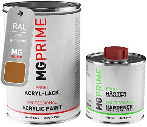 MG PRIME RAL 8001 Brun terre de Sienne/Ochre brown brillant peinture acrylique 1,5 Litres / 1500 ml durcisseur inclus