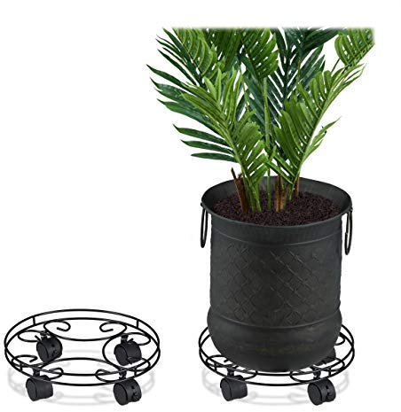 Relaxdays Pflanzenroller, 2er Set, rund, innen & außen, Bremse, Rolluntersetzer für Blumentopf bis 28cm, Metall, schwarz