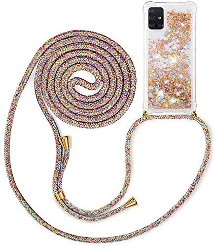 Handykette kompatibel mit für Samsung Galaxy A51 Hülle,Glitzer Hülle Flüssig Bewegende Treibsand Transparent Handyhülle - Silikonhülle, Hülle mit Band, Stylische Kette mit Hülle für Samsung A51
