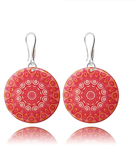 Boho Groß Mandala Design Rund Leicht Ohrringe Hängend Schmuck für Damen (Stil 34 - Rote Koralle)