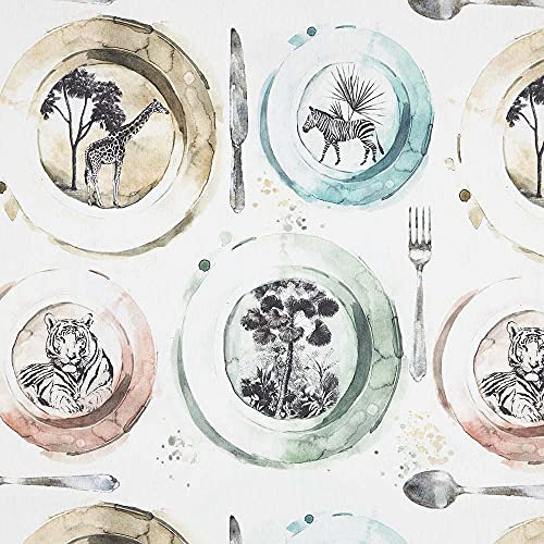Kt KILOtela - Stoff aus geharztem Leinen, für Tischdecke, schmutzabweisend, Kissen, Taschen, Länge 150 cm, Breite 140 cm, Teller und Besteck, Tiere Safari, Mehrfarbig, 1,5 m